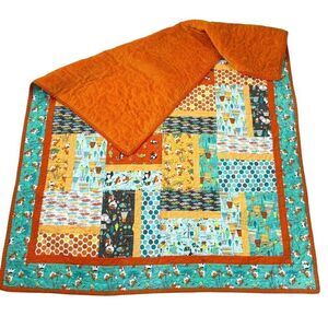 Toddler Baby Fox Forest Quilt Blanket Fleece Handmade Orange Teal Green 40x50